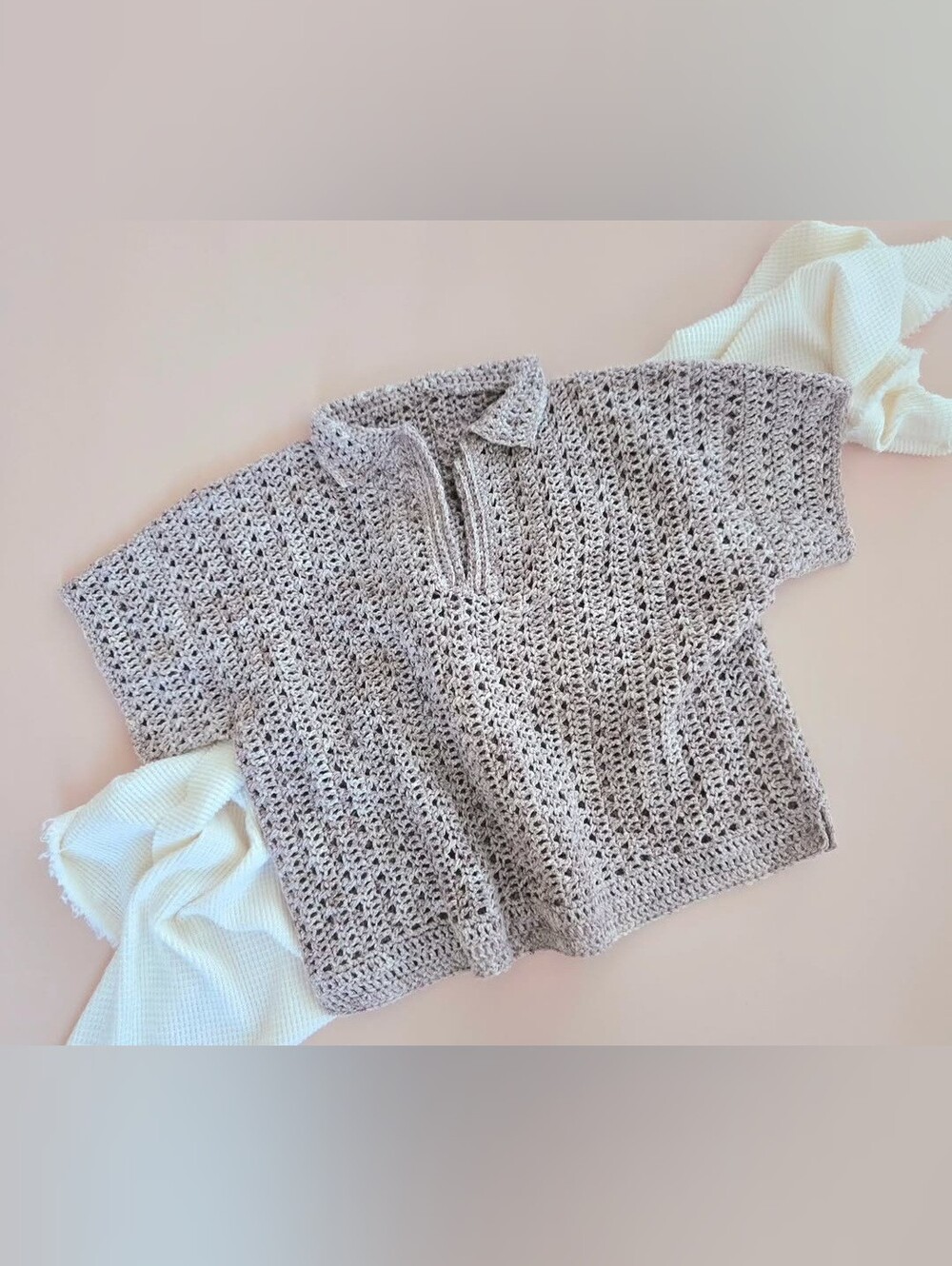 Light Taupe Crochet Polo Sweater - Women